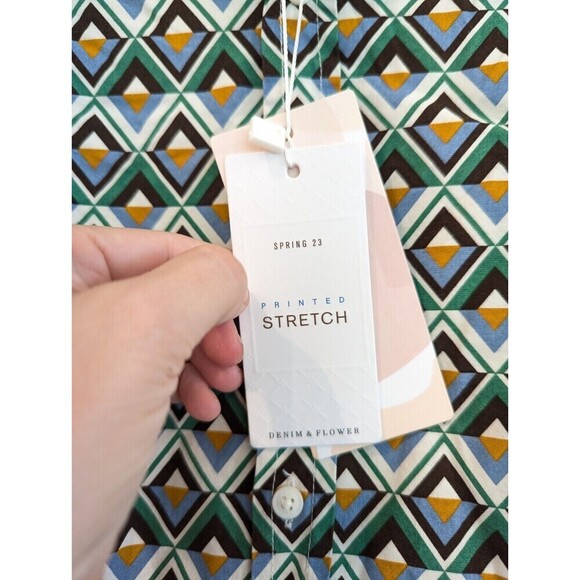 Denim & Flower Mens Button Down Shirt Size S Green Geometric Short Sleeve Casual - Picture 9 of 12